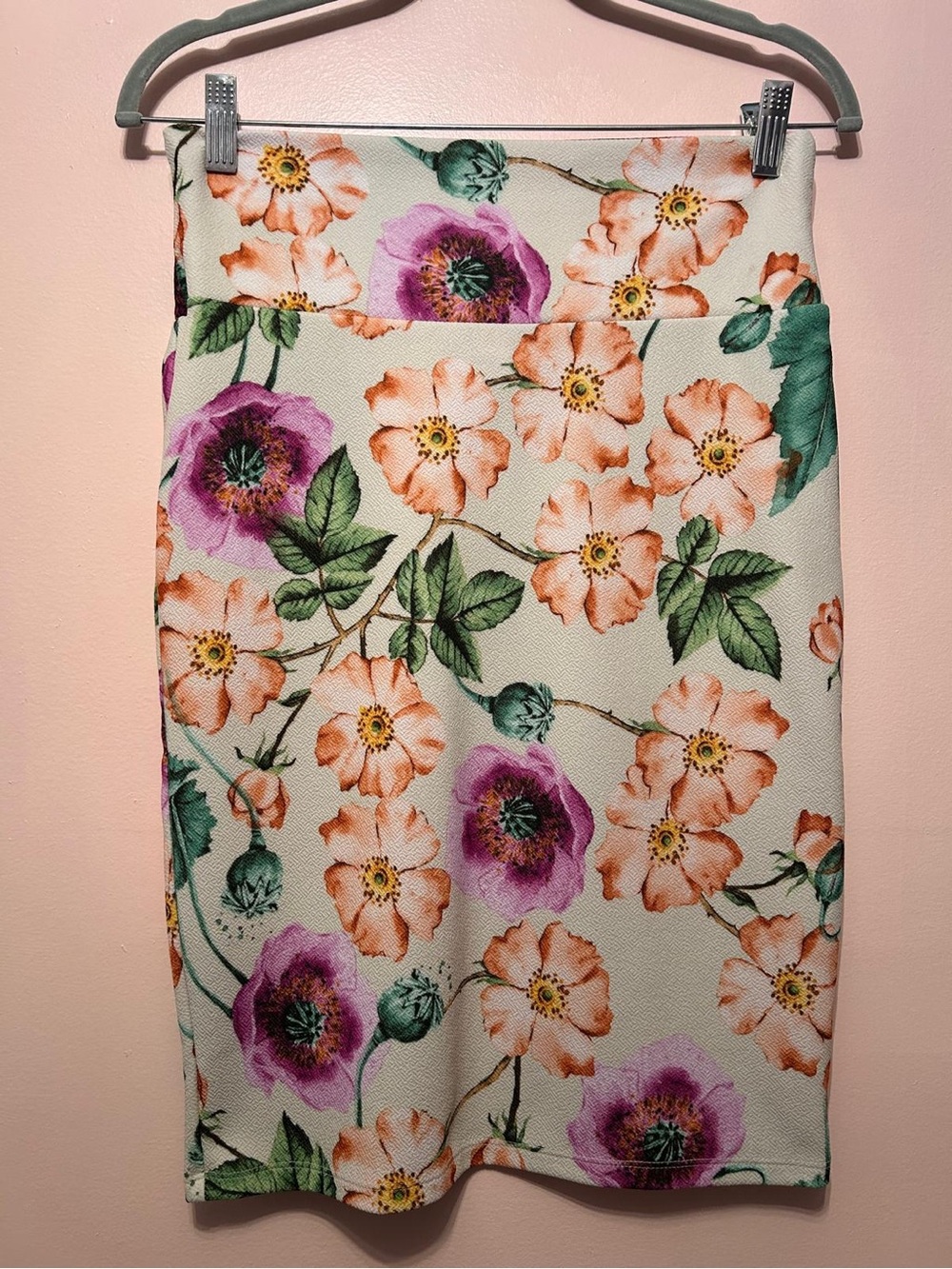 LuLaRoe Cream Pencil Skirt with Pink & Purple Floral Print